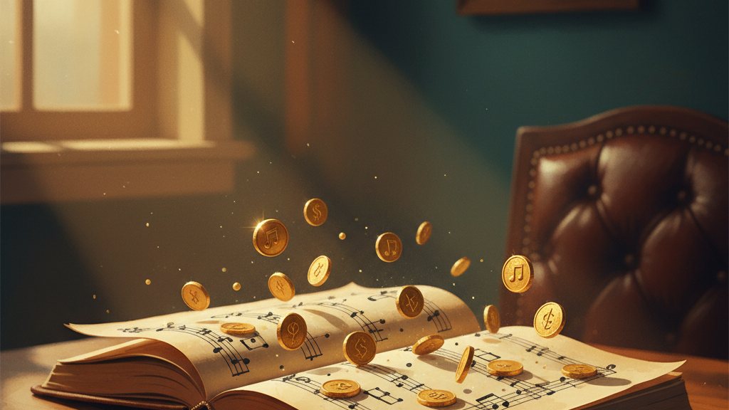 A songwriter's notebook sprouting small golden coins between the lines