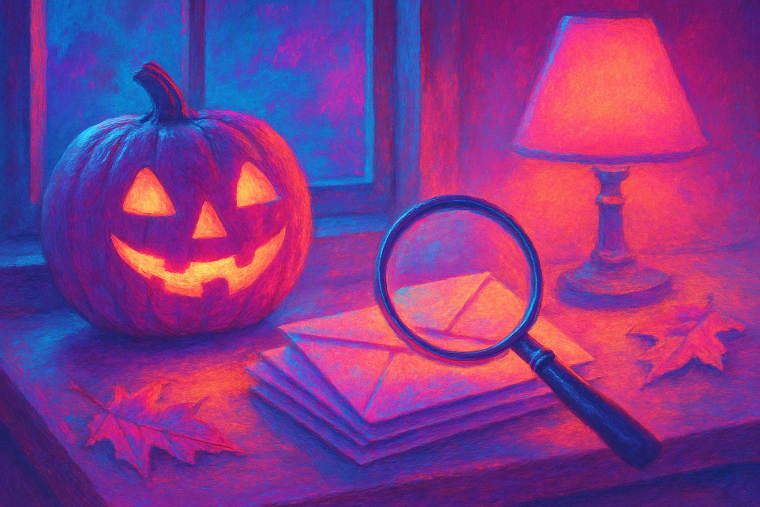A cheerful carved pumpkin glowing on a windowsill beside a wooden desk where a magnifying glass is held over one sealed paper envelope in a small stack, with warm lamplight and a few autumn leaves