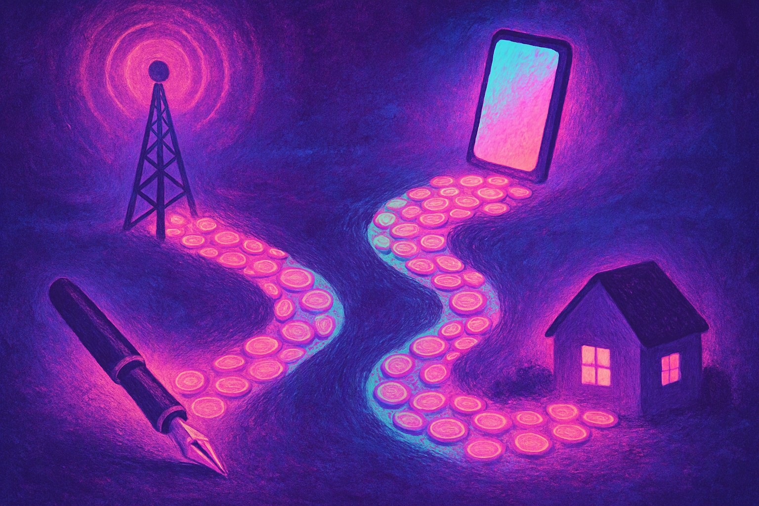 An illustrated river of coins flowing from a radio tower and a glowing phone into two channels, one toward a pen and one toward a small house