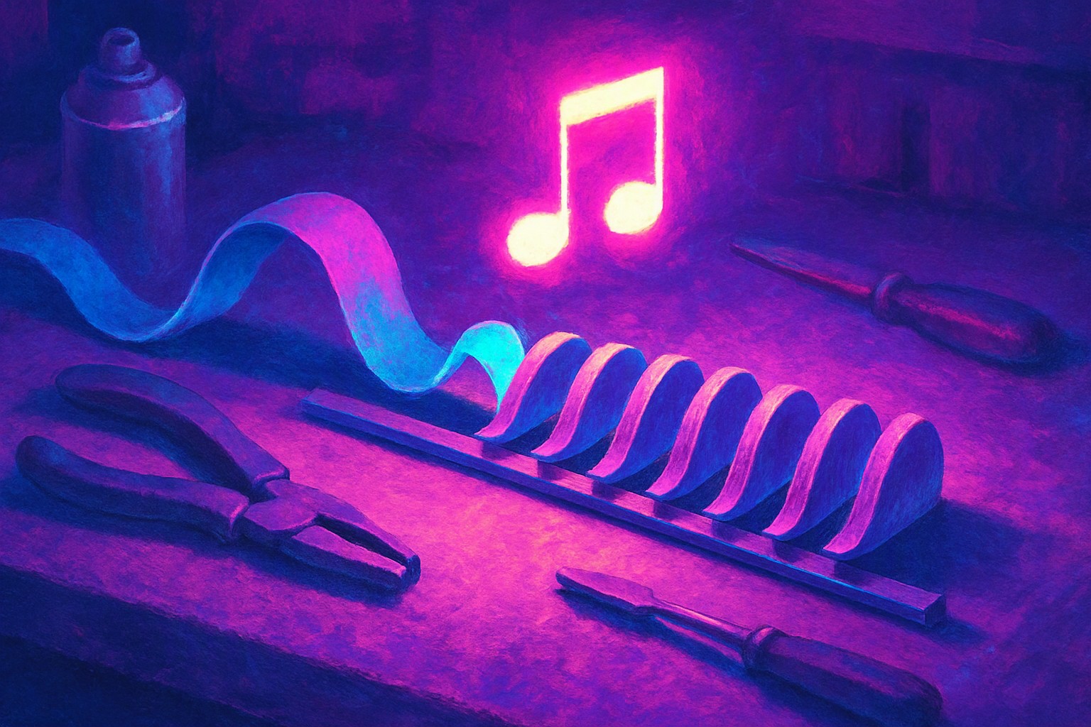 A bright workshop table where a long wavy ribbon of sound is cut into small overlapping slices that are being spread apart along a rail, while a single glowing note floats above them at the same height