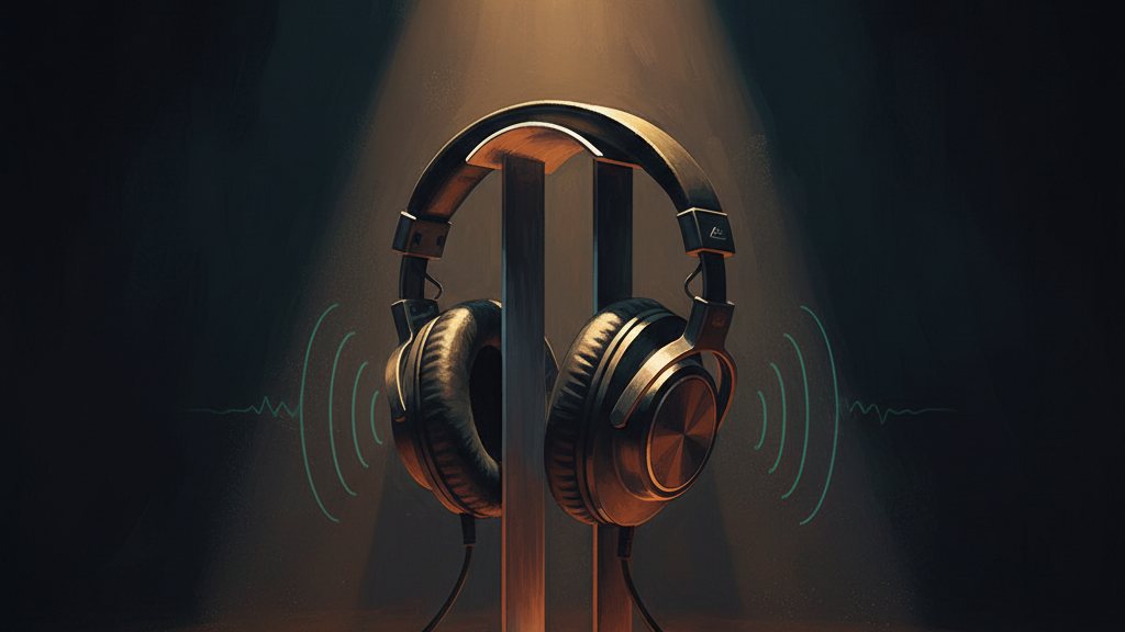 Studio headphones on a stand glowing under a single spotlight in a listening room