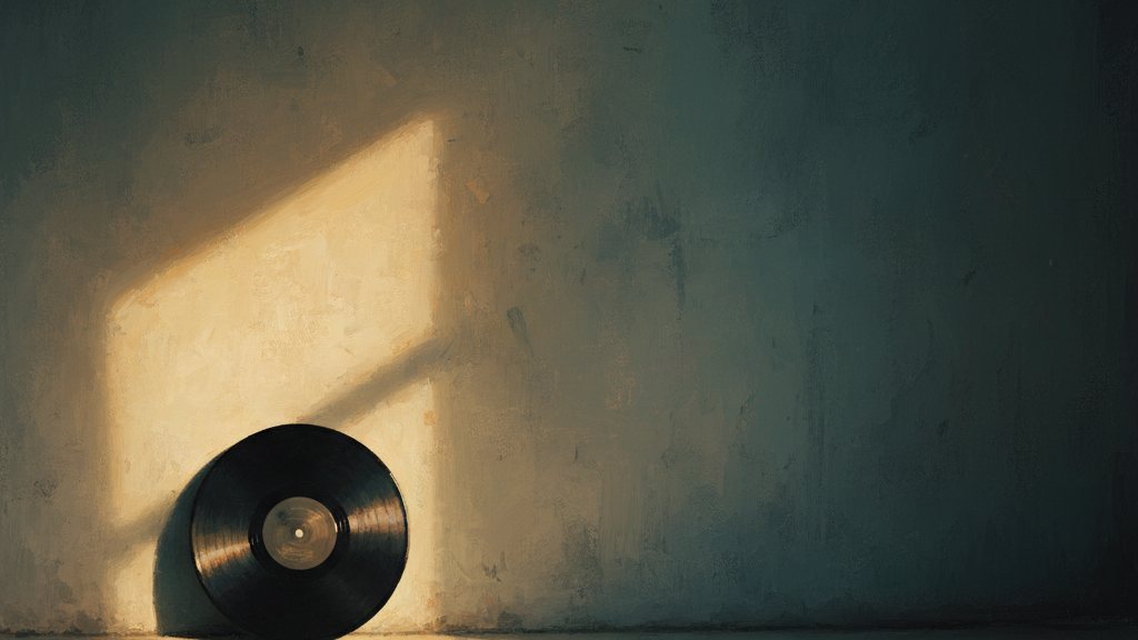 A single vinyl record leaning against a wall bathed in first-morning light