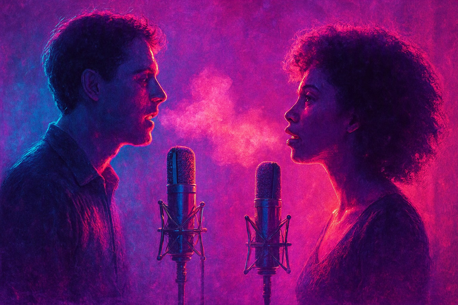 Two singers stand face to face at separate vintage microphones in a warm studio, their breath visible in the cold air between them