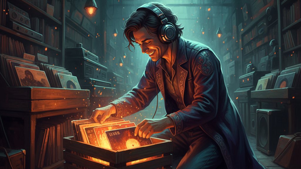 A singer with headphones digging through a glowing crate of records