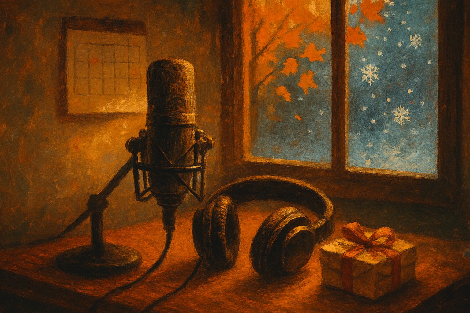 A recording studio desk in October light with a small wrapped gift beside the mixing console