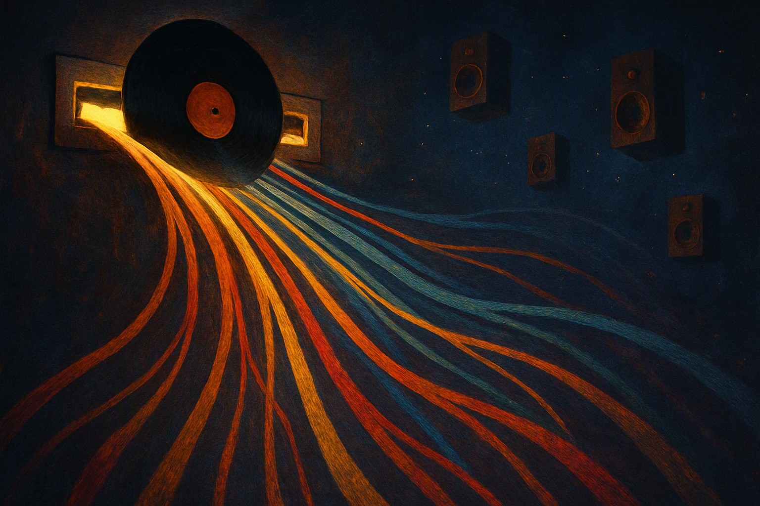 A finished vinyl single sliding into a glowing mail slot that branches into many streams of light