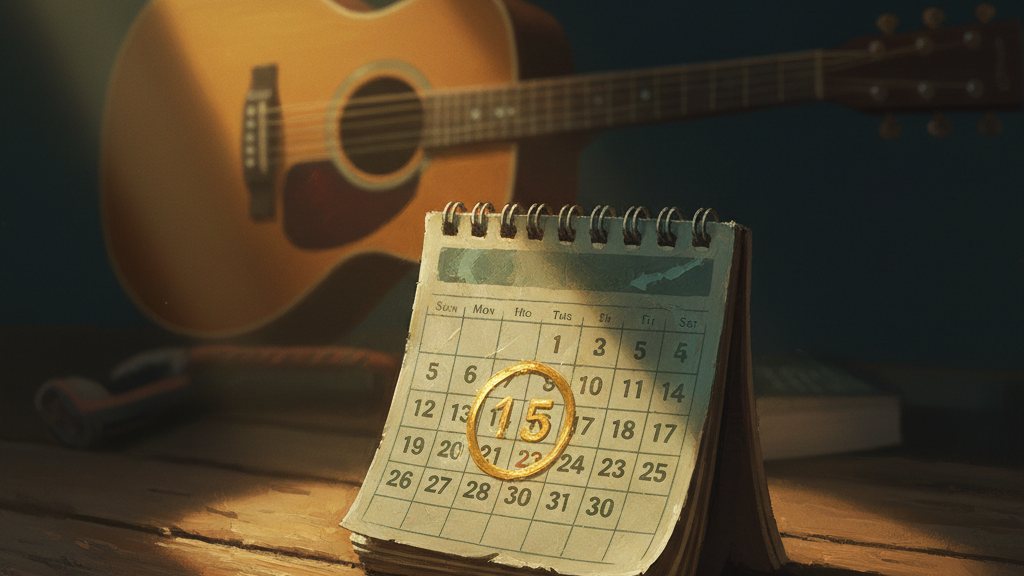 A calendar page with one date circled in gold ink, guitar out of focus behind
