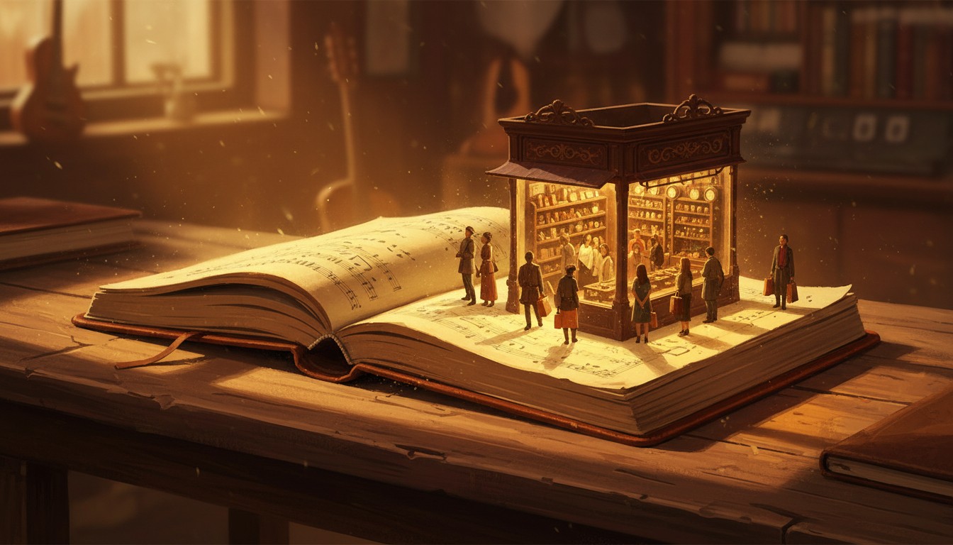 A songwriter's notebook on a desk, one page glowing like a storefront window