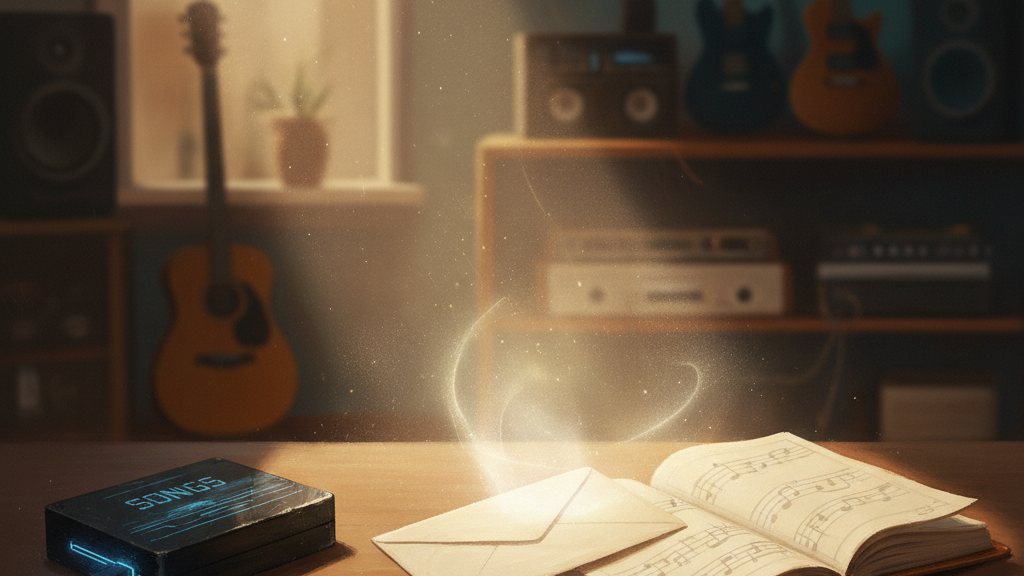 A songwriter's desk with a labeled hard drive, lyric notebook, and outgoing envelope of light