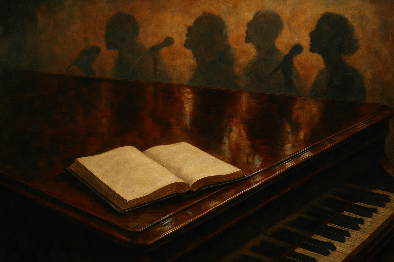 An open notebook of lyrics on a piano lid, with faint outlines of several different singers reflected in the polished wood