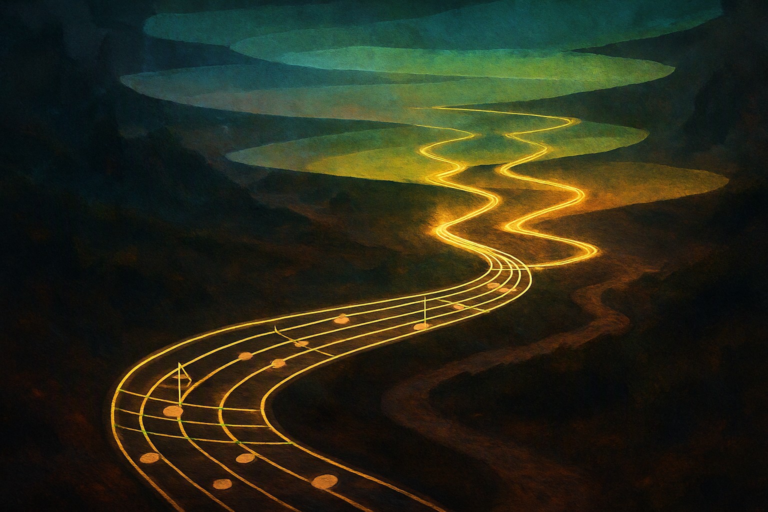 A winding game-world path drawn as a musical staff, with glowing segments branching ahead and translucent layers stacked above it
