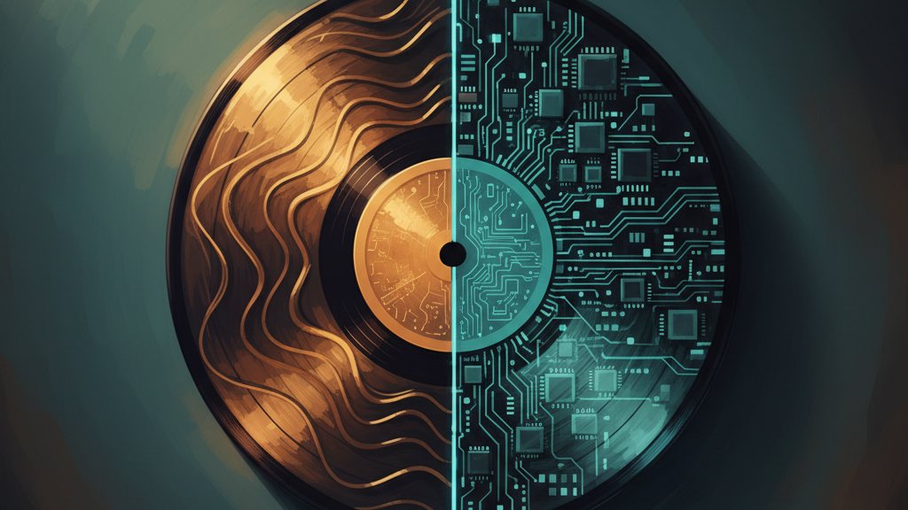 A record split down the middle: warm analog grooves on one side, circuitry on the other