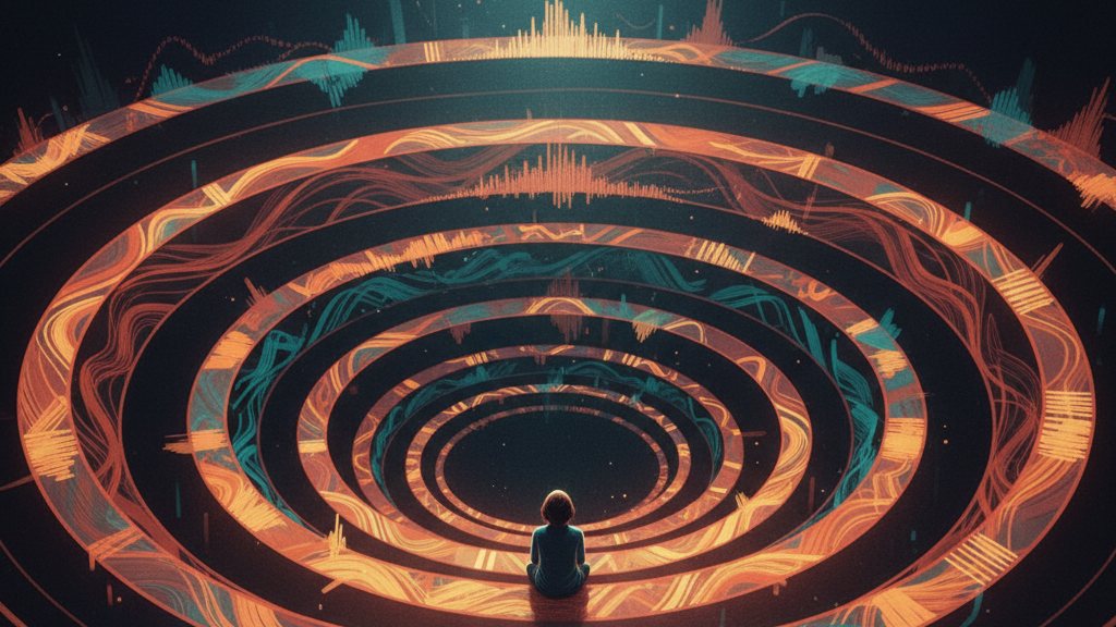 A listener at the center of concentric rings of light, each ring a different musical texture bending toward them