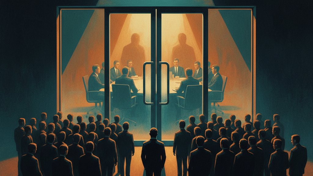 A crowd of small figures outside a boardroom's closed glass doors