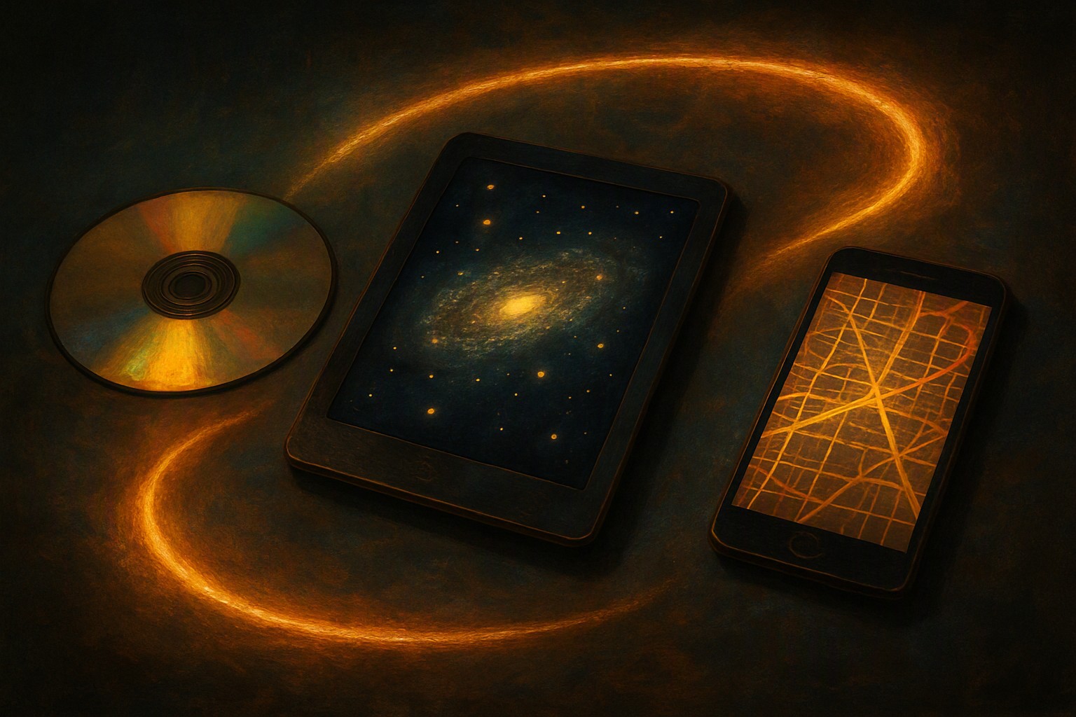 A vintage disc, a tablet showing a small galaxy of glowing stars, and a phone with a city map, arranged along a curving timeline
