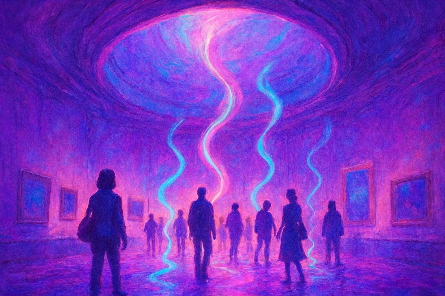 Visitors standing and walking under a tall circular museum dome, thin translucent ribbons of light and sound curling up from their footsteps toward the ceiling