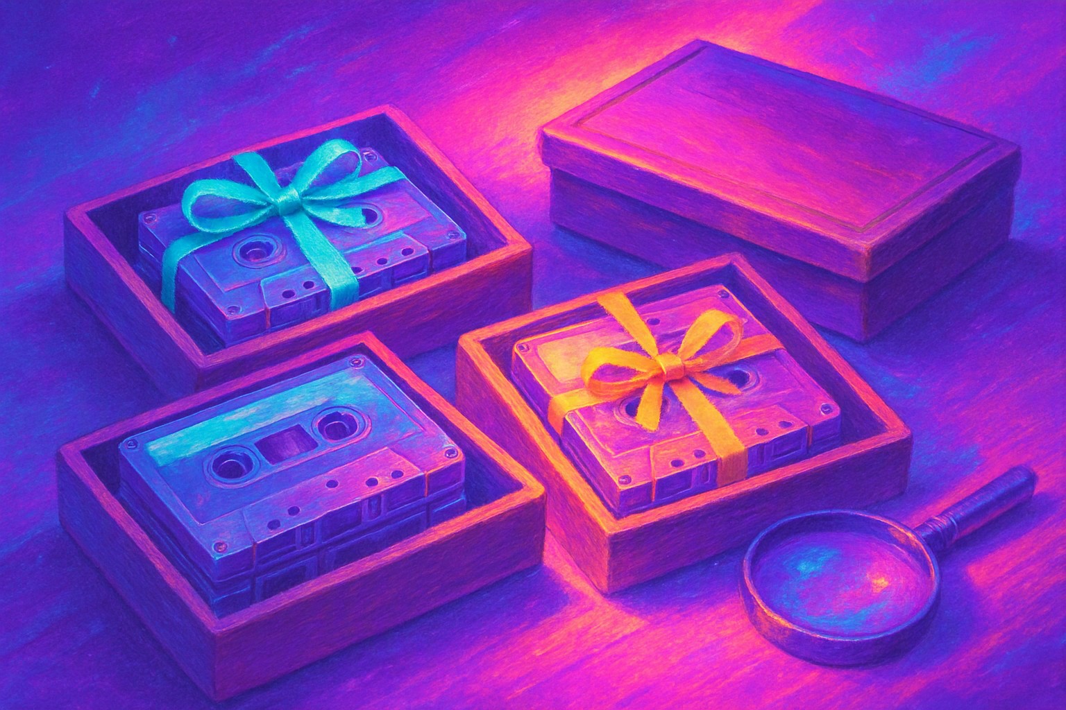 Three shallow wooden trays on a sunlit desk, one holding cassette tapes tied with a green ribbon, one with tapes tied with a yellow ribbon, and one with a closed lid, with a magnifying glass resting beside them