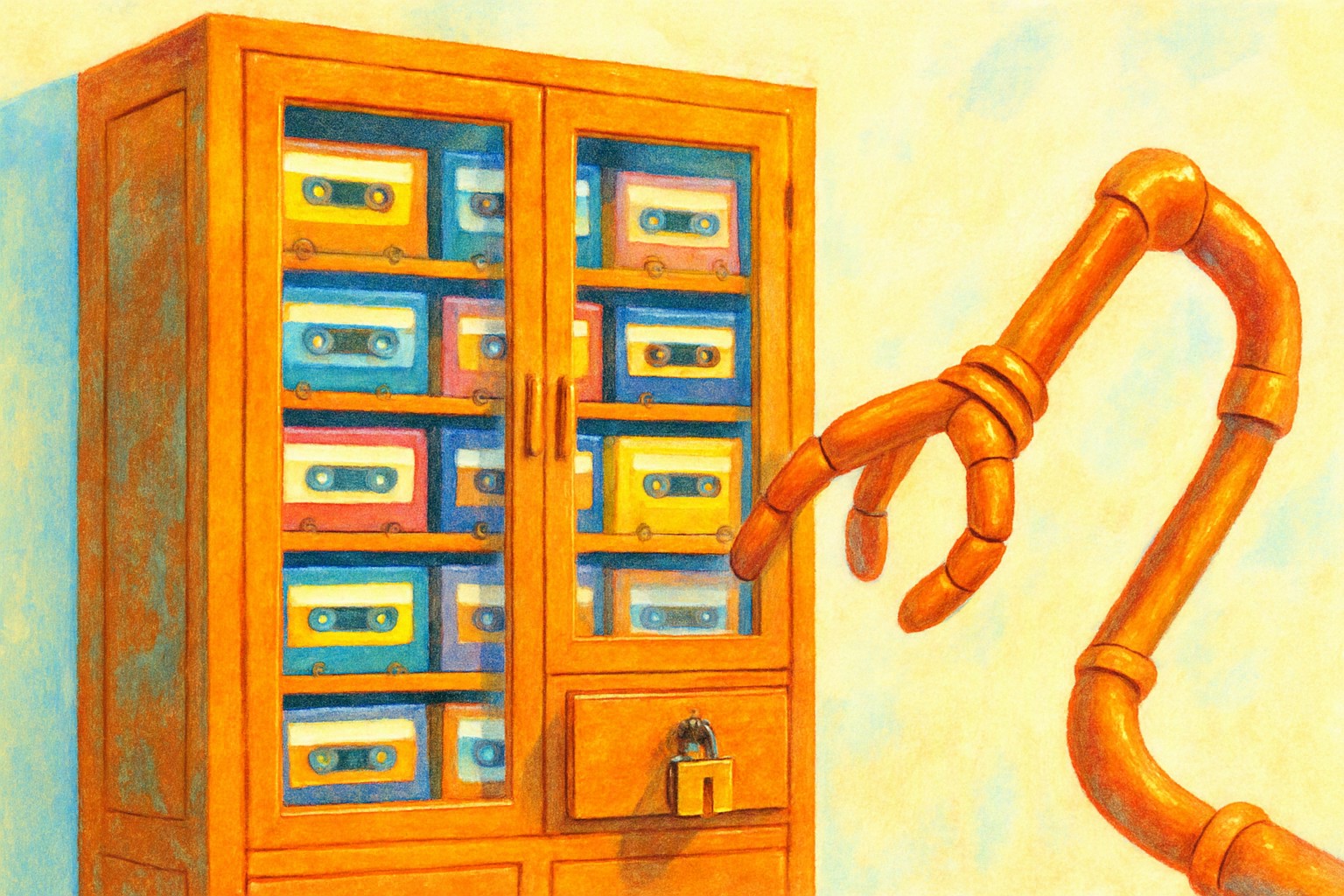 A glass-fronted library cabinet of labeled cassette tapes with a small padlock on one drawer, while a large mechanical arm made of copper pipes reaches toward it