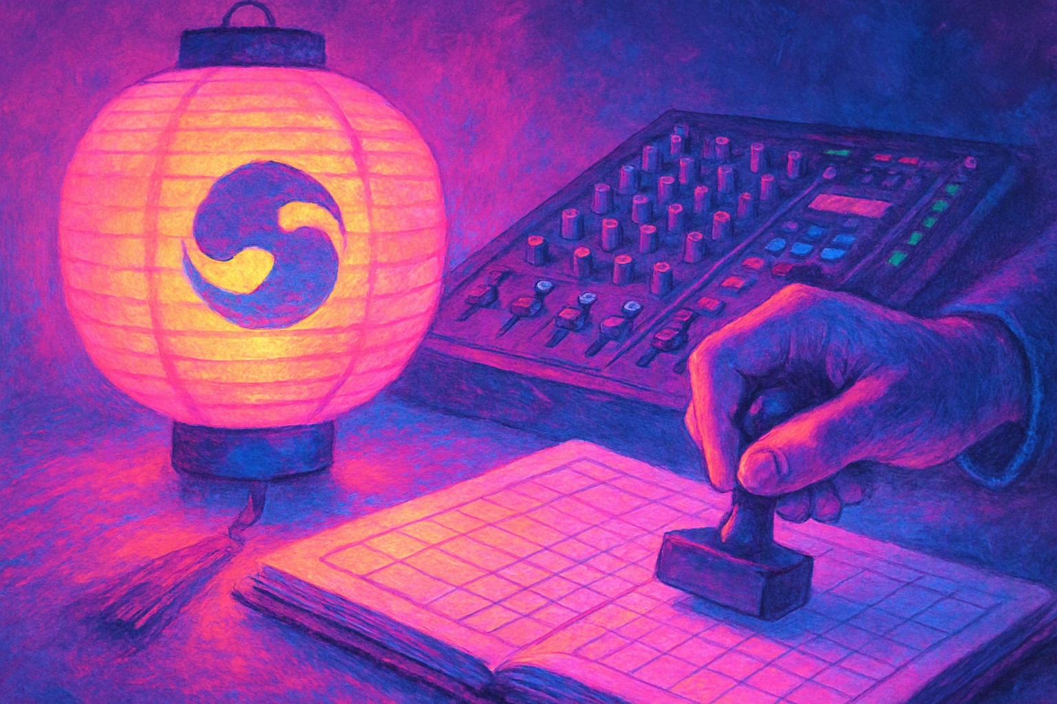 A traditional Korean paper lantern lit beside a modern mixing console, with a hand holding a rubber stamp hovering above an open registration ledger
