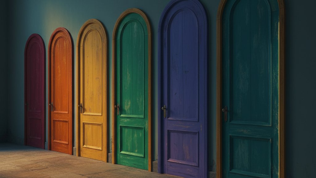 Seven doors in a row, each painted a different color