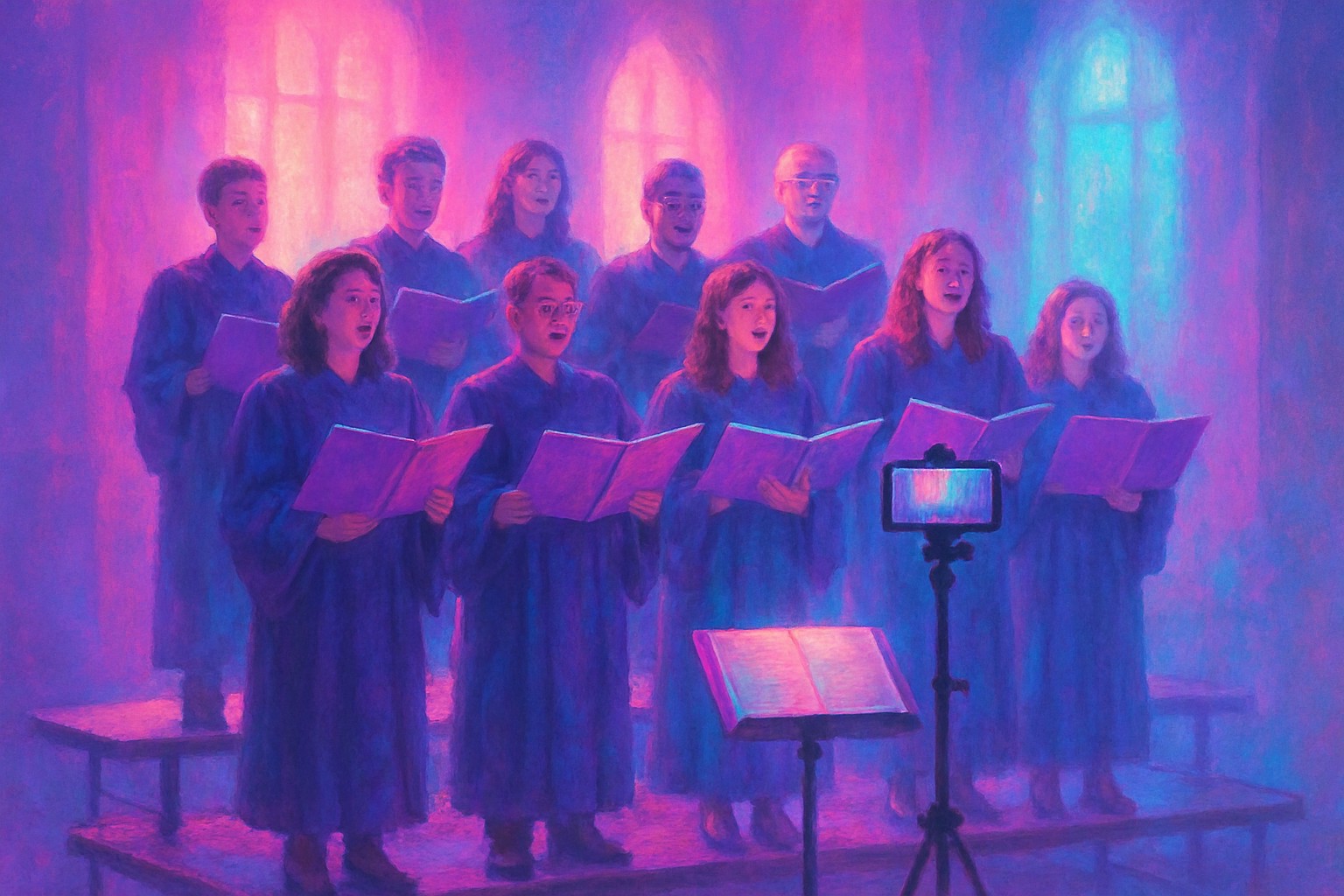 A small choir in robes standing on risers in a sunlit hall, with a phone on a stand filming them and a score on every music stand