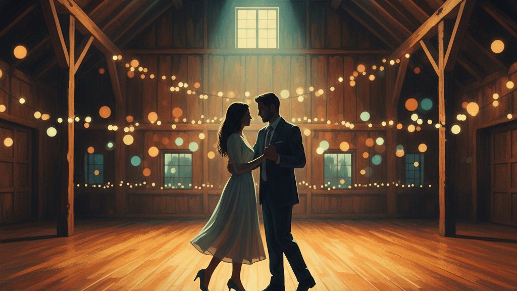 Two silhouetted figures dancing in a fairy-lit barn, empty dance floor around them