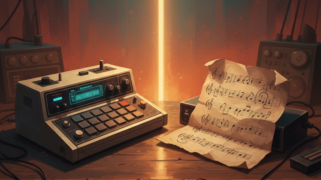 A drum machine and a handwritten lyric sheet facing each other on a studio desk