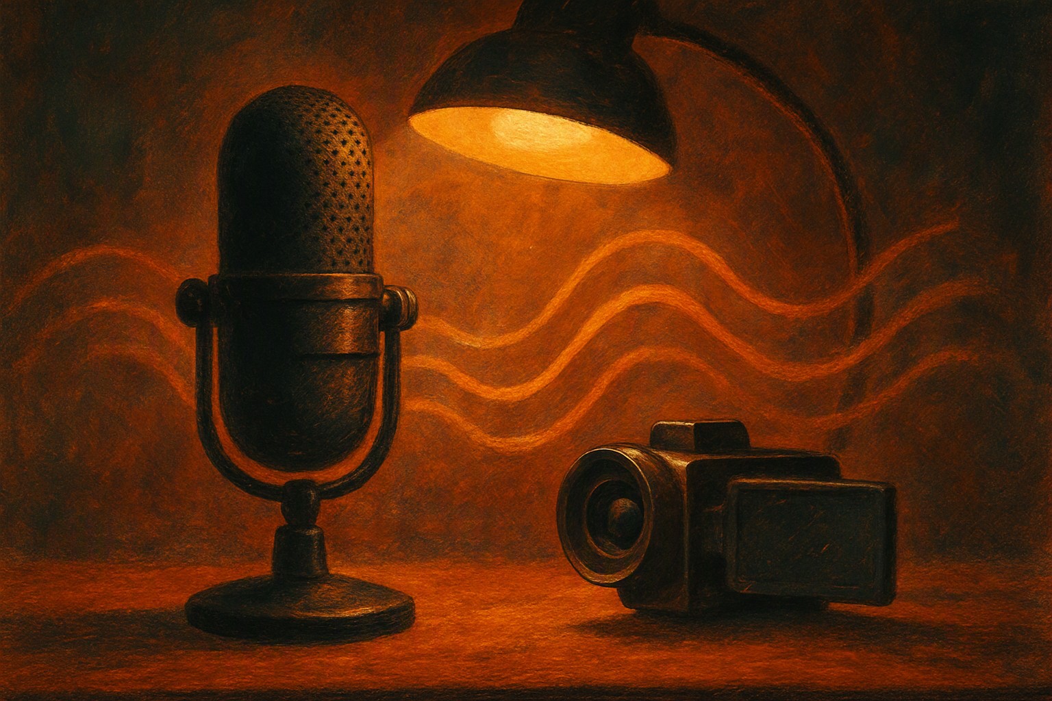A podcast microphone and a video camera side by side under a single warm studio light
