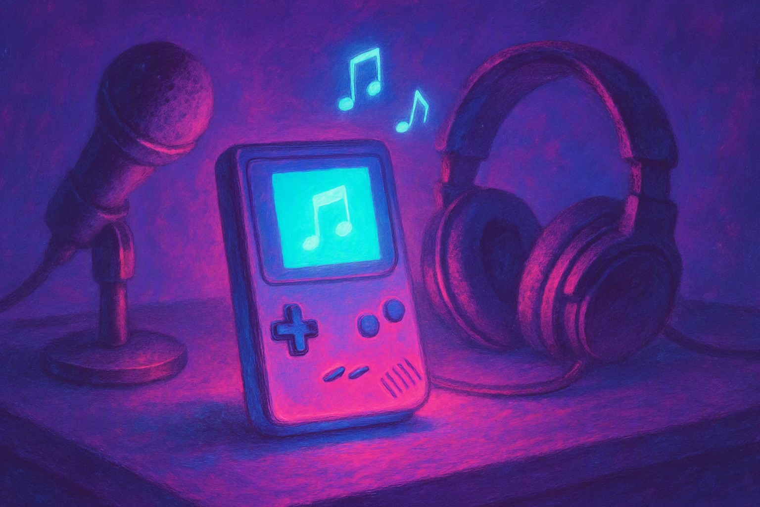 A small glowing handheld game console on a desk beside a microphone and a pair of headphones, with soft notes drifting from the screen