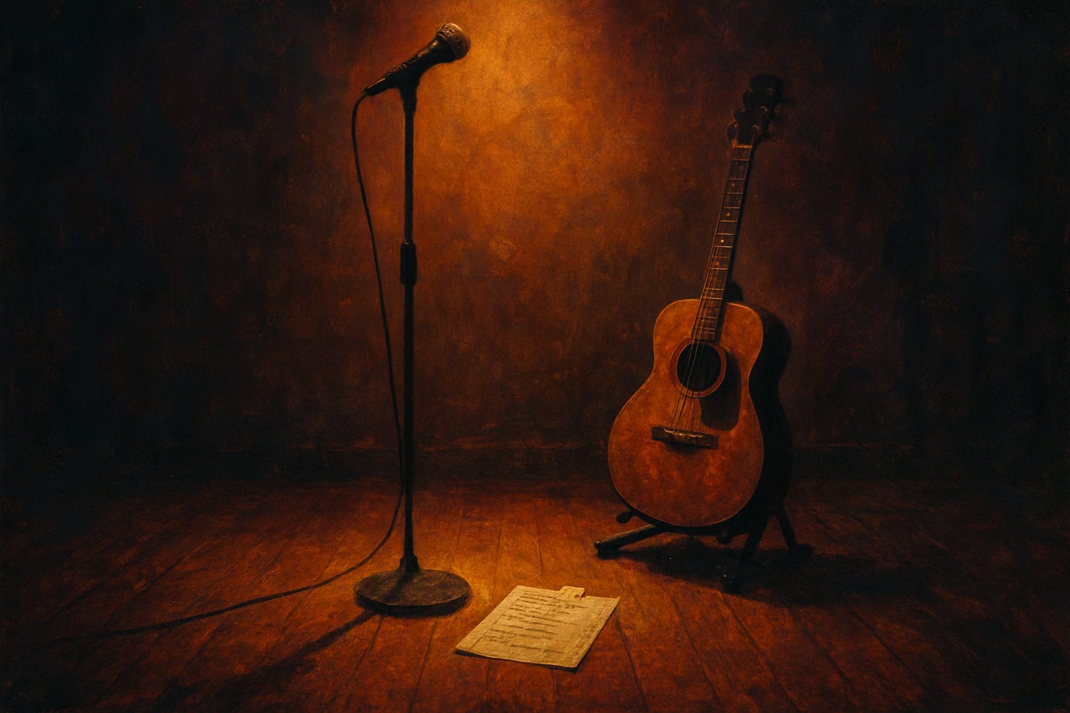 A small club stage with a setlist taped to the floor beside a microphone stand