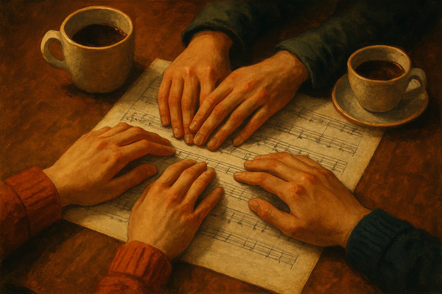 Three pairs of hands resting on one shared lyric sheet on a wooden table, coffee cups nearby