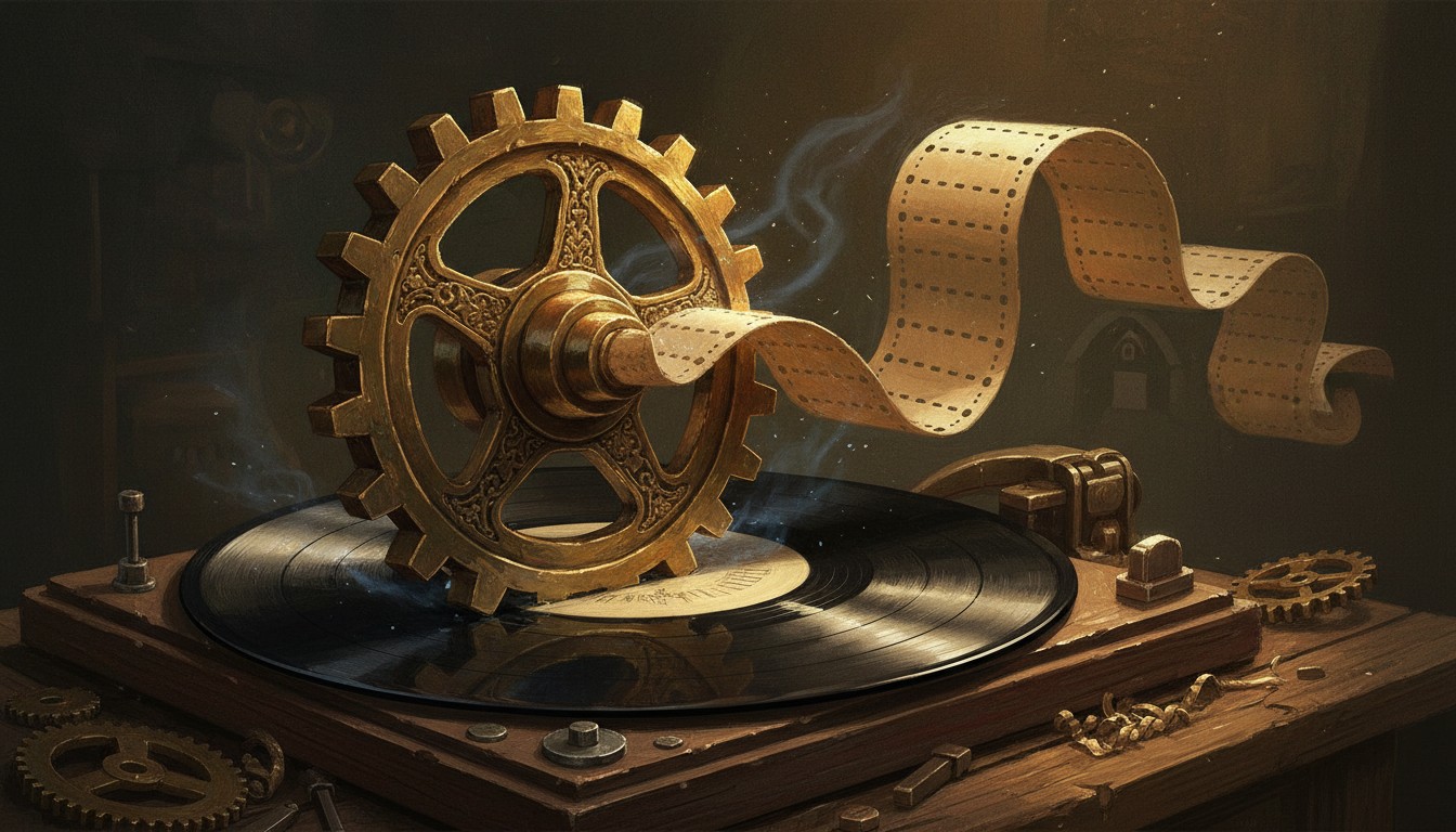 A brass mechanical gear pressed into a vinyl record