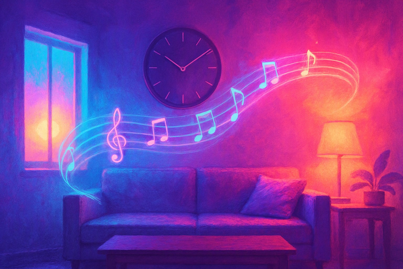 A bright living room with a round wall clock that has tick marks and no numbers, and a curved ribbon of glowing music notes sweeping from a sunrise window on one side to a warm evening lamp on the other