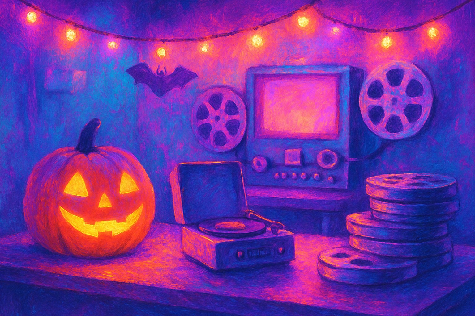 A cozy, brightly lit film cutting room decorated for Halloween, with a smiling carved pumpkin, a vintage record player, a stack of film reels and strings of warm lights overhead