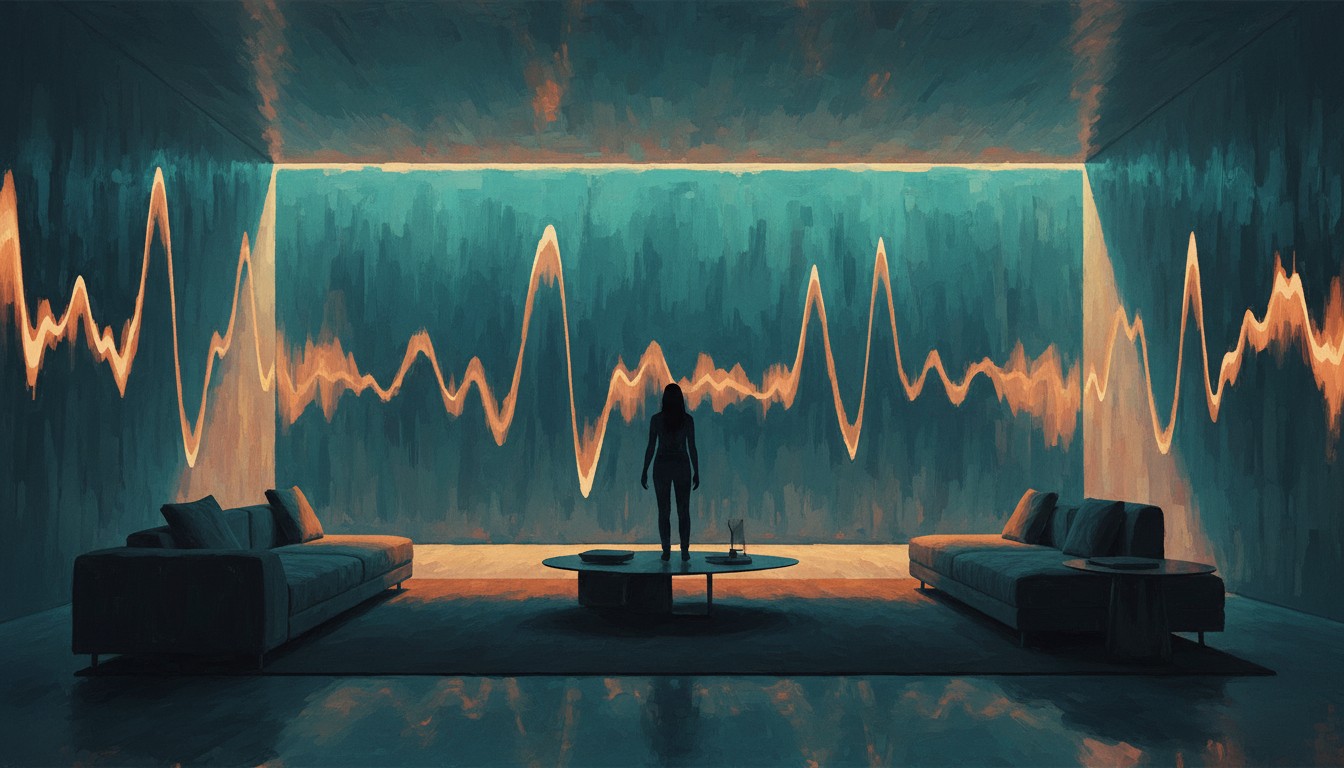A living room where the walls ripple like a waveform responding to a person