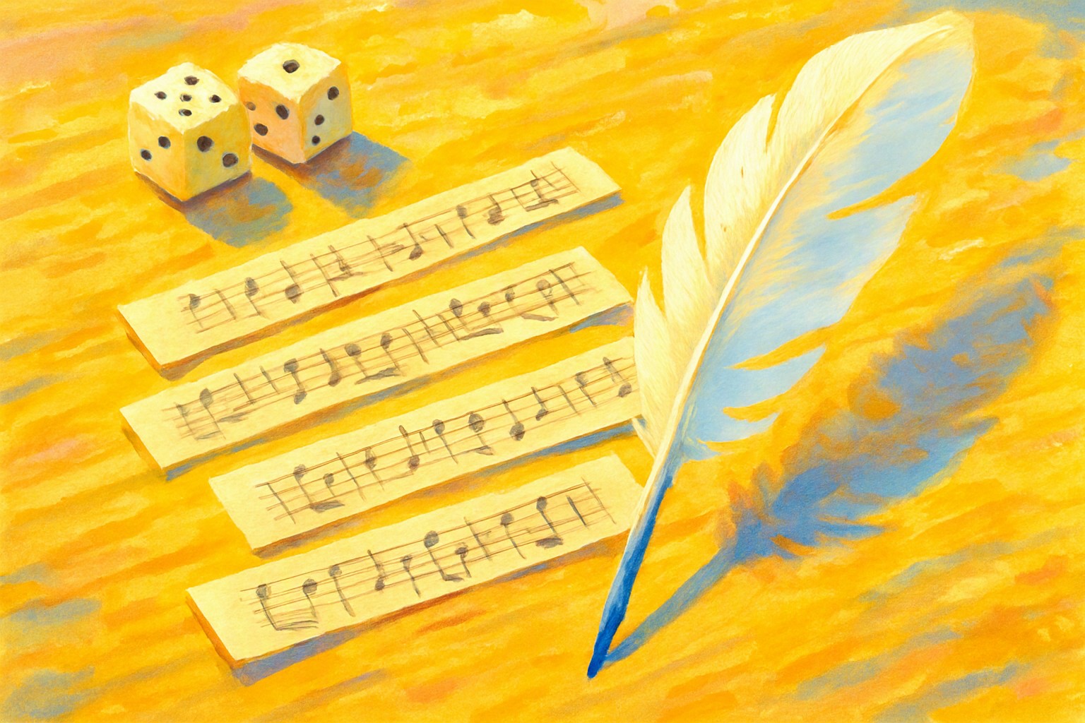 A sunlit wooden desk with two ivory dice, a handwritten minuet sheet cut into strips of bars, and a quill, in warm bright daylight