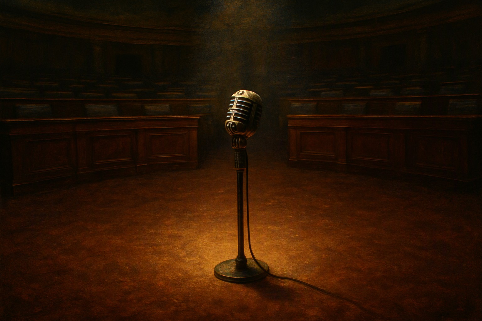 A single microphone on the floor of an empty legislative chamber under a spotlight