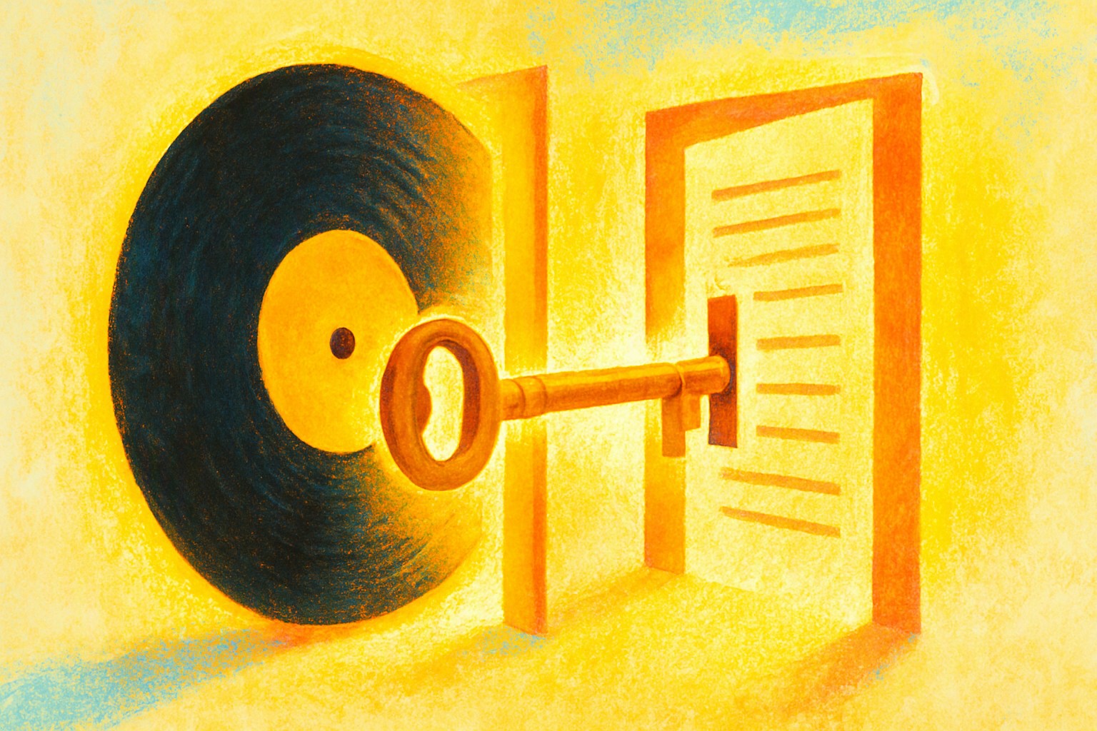 A single brass key opening two glowing doors at once, one shaped like a vinyl record and one like a sheet of lyrics, in a warm editorial illustration