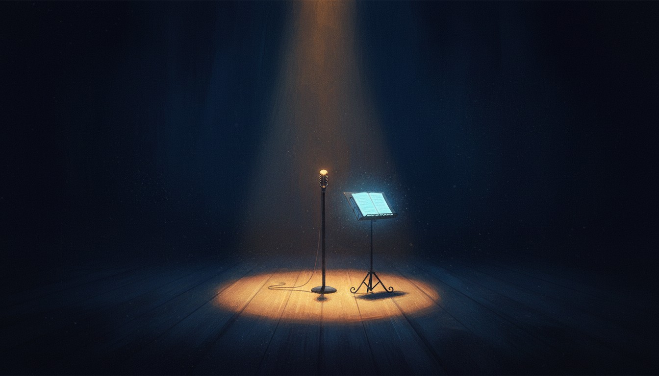 A microphone in a spotlight on an empty stage, sheet music blank