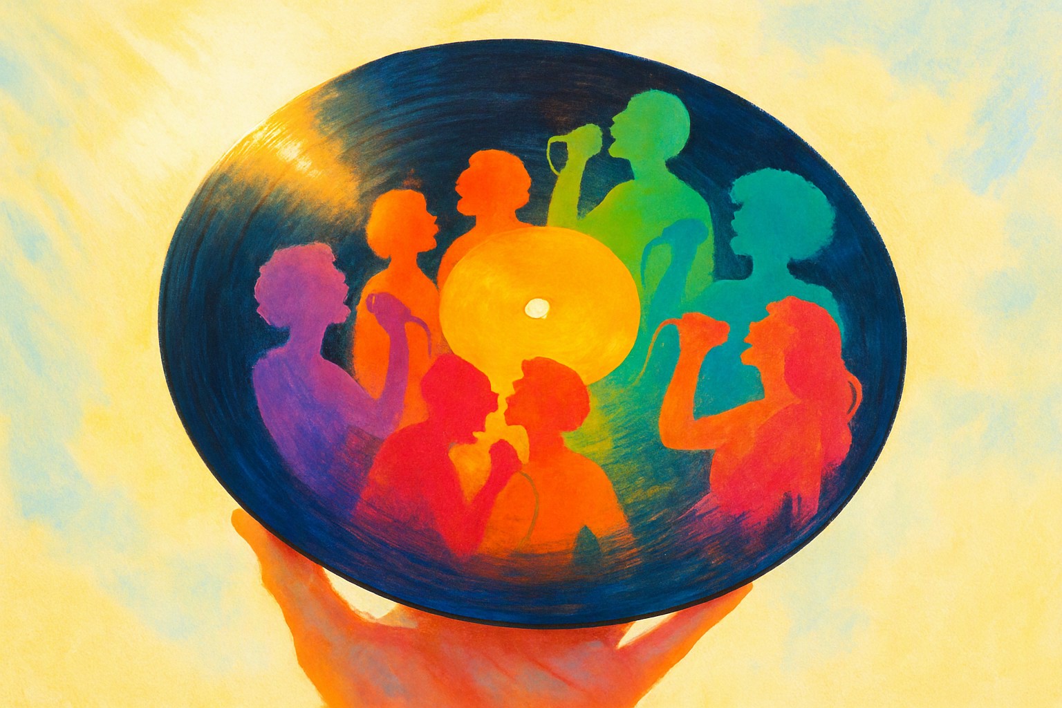 An open hand holding a vinyl record in bright morning sunlight, with several colorful silhouettes of different singers reflected in its shine