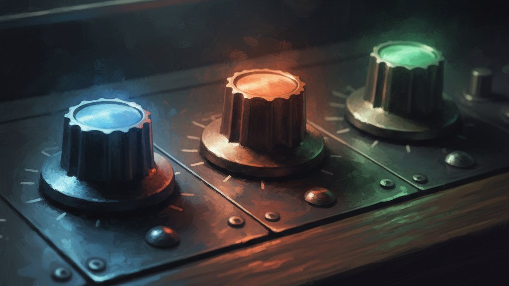 Three glowing rotary knobs on a dark console, each casting a different colored light