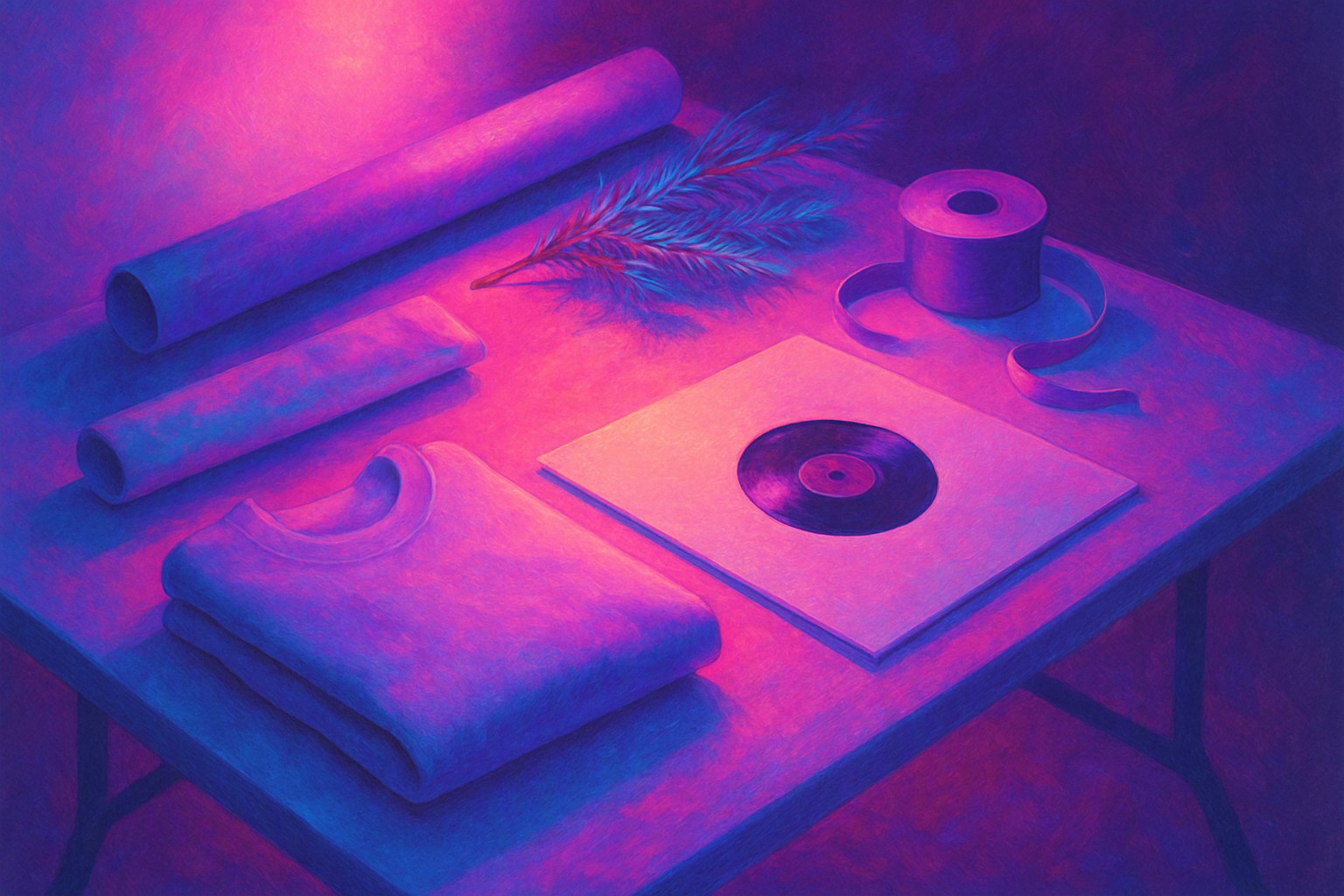 A tidy folding table with a plain folded sweatshirt, a poster tube, a vinyl record in a blank sleeve and a roll of ribbon, with a pine branch and wrapping paper in soft winter light