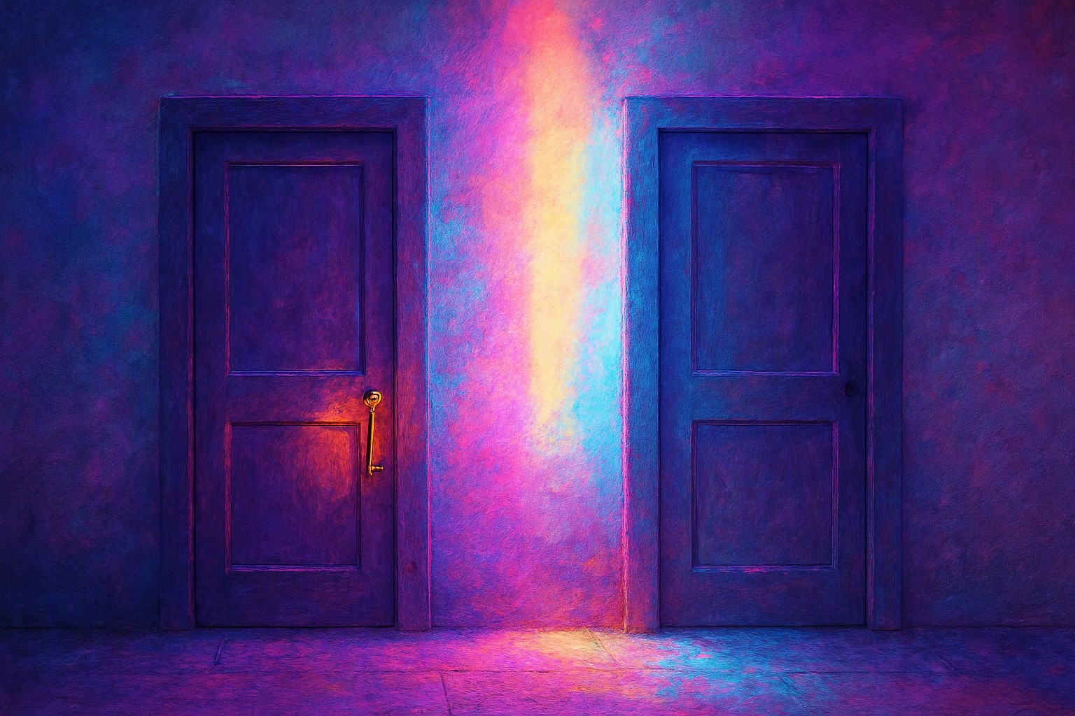 Two doors in a plain wall, one with a brass key hanging beside it and one with a small handwritten ledger, with morning light between them