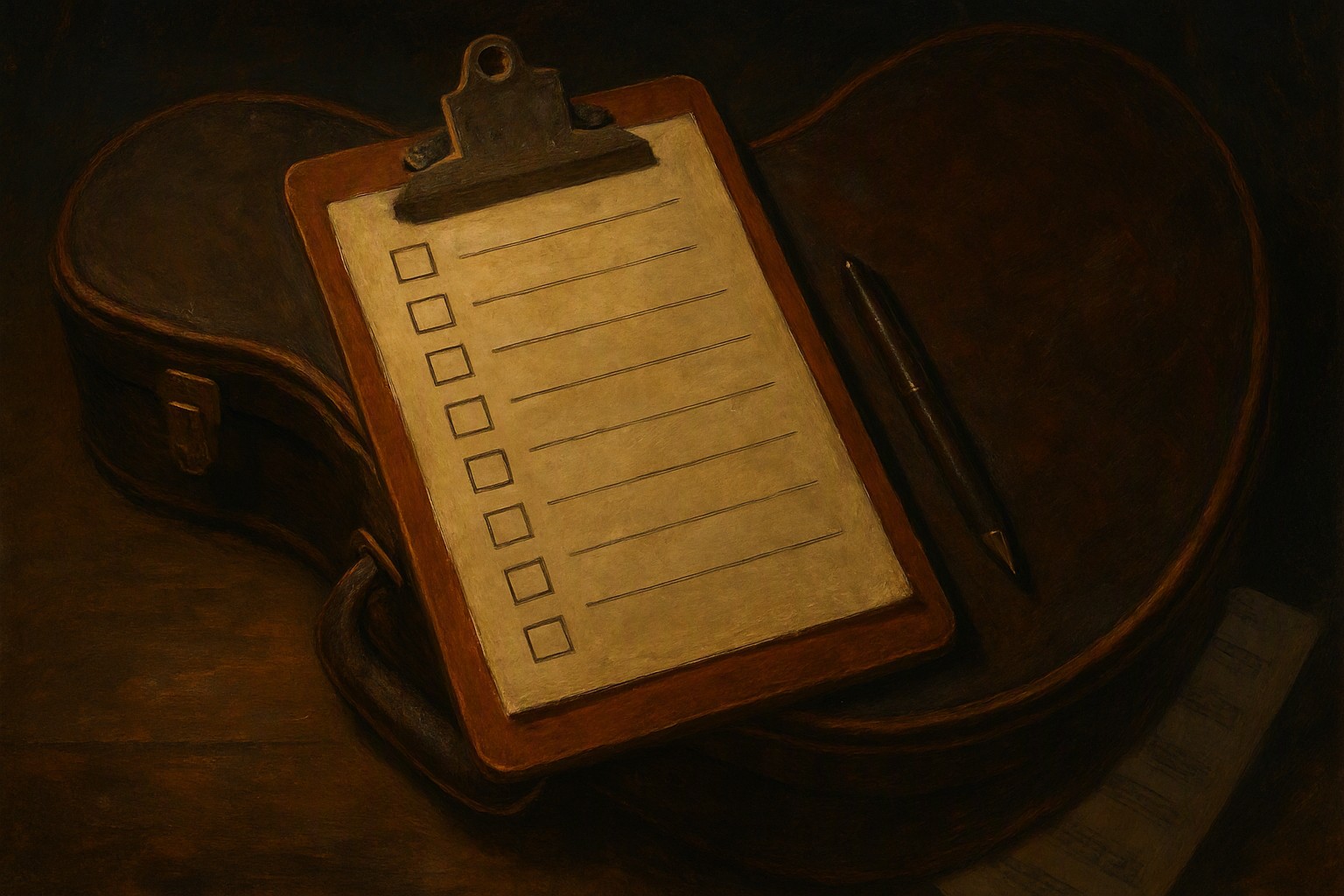 A clipboard checklist resting on a guitar case with a pen beside it