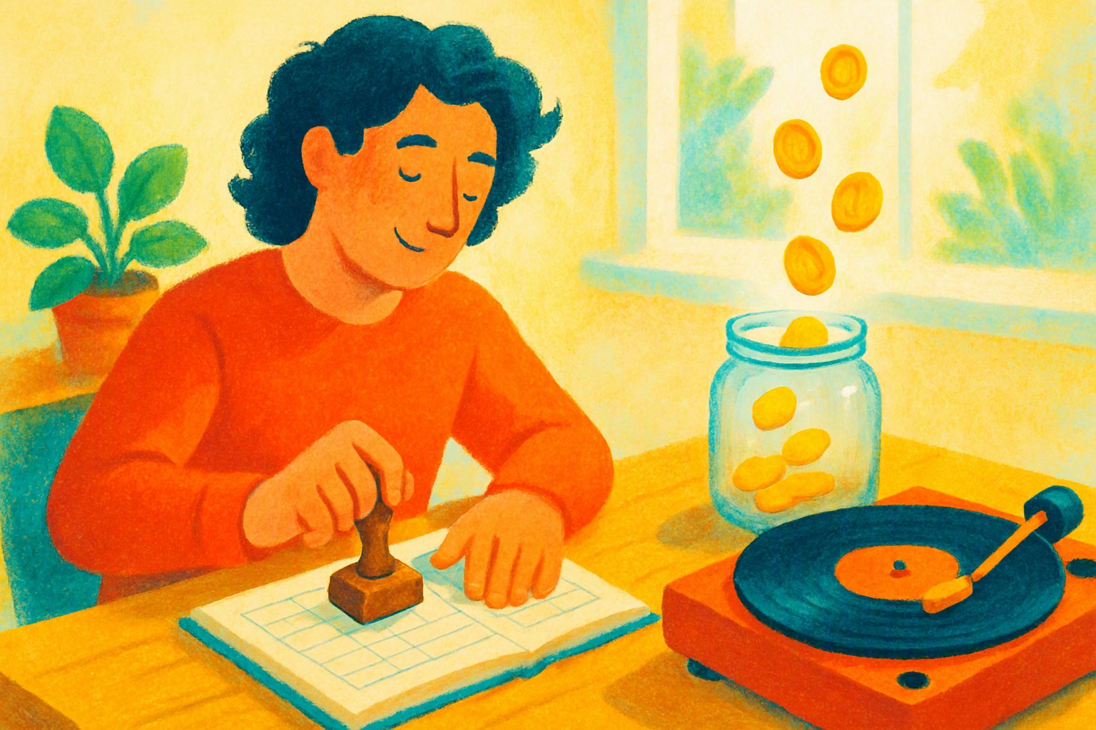 A songwriter at a wooden desk stamping a ledger page while small glowing coins drift from a record player into an open jar