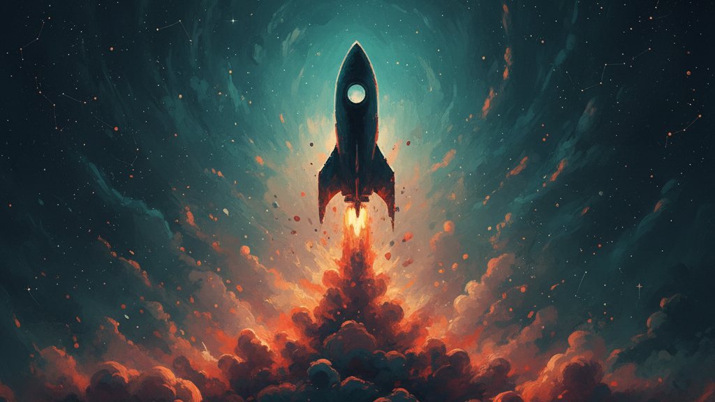 A rocket silhouette dissolving into a field of stars