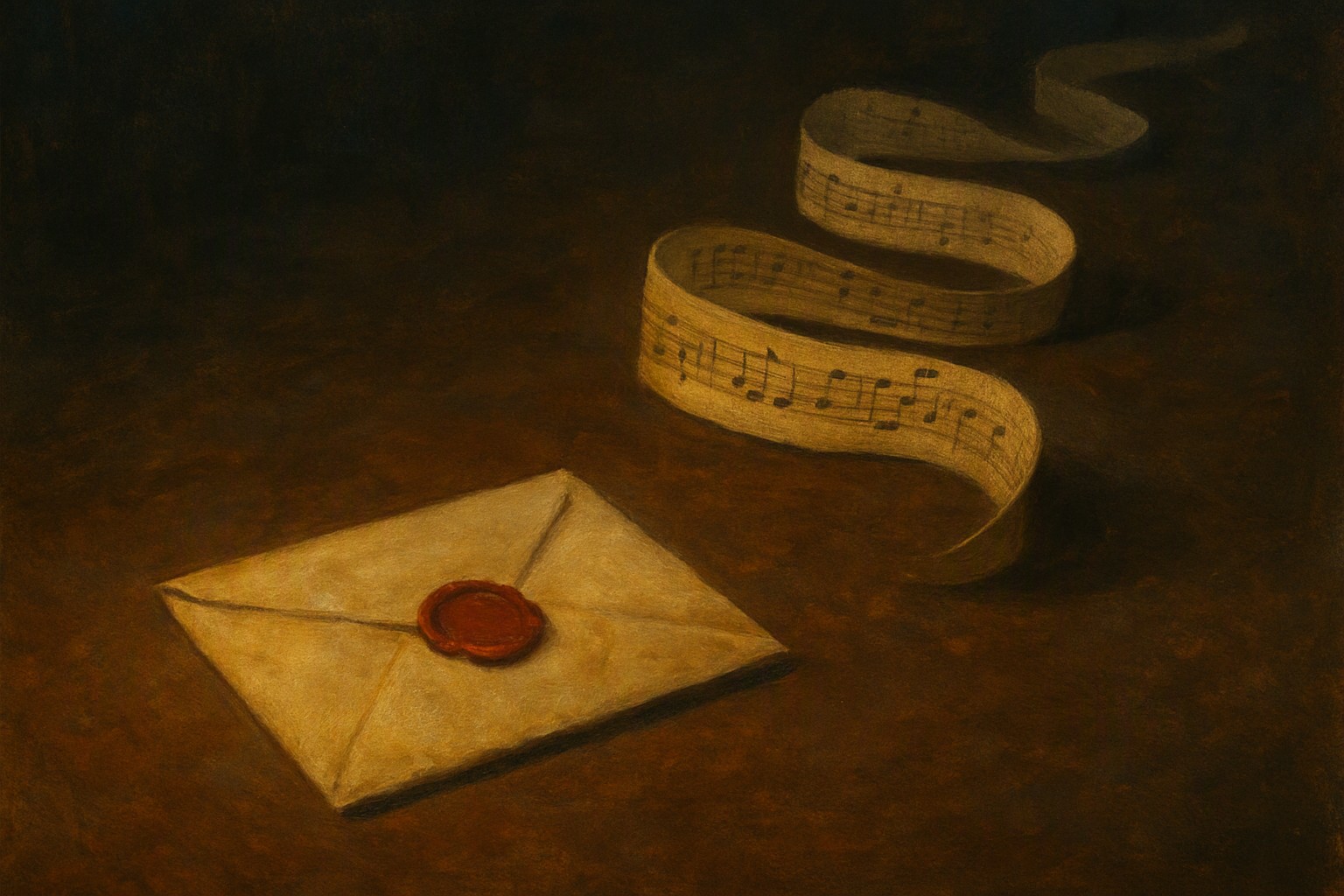 A single paper envelope sealed with wax beside a long ribbon of sheet music trailing into the distance