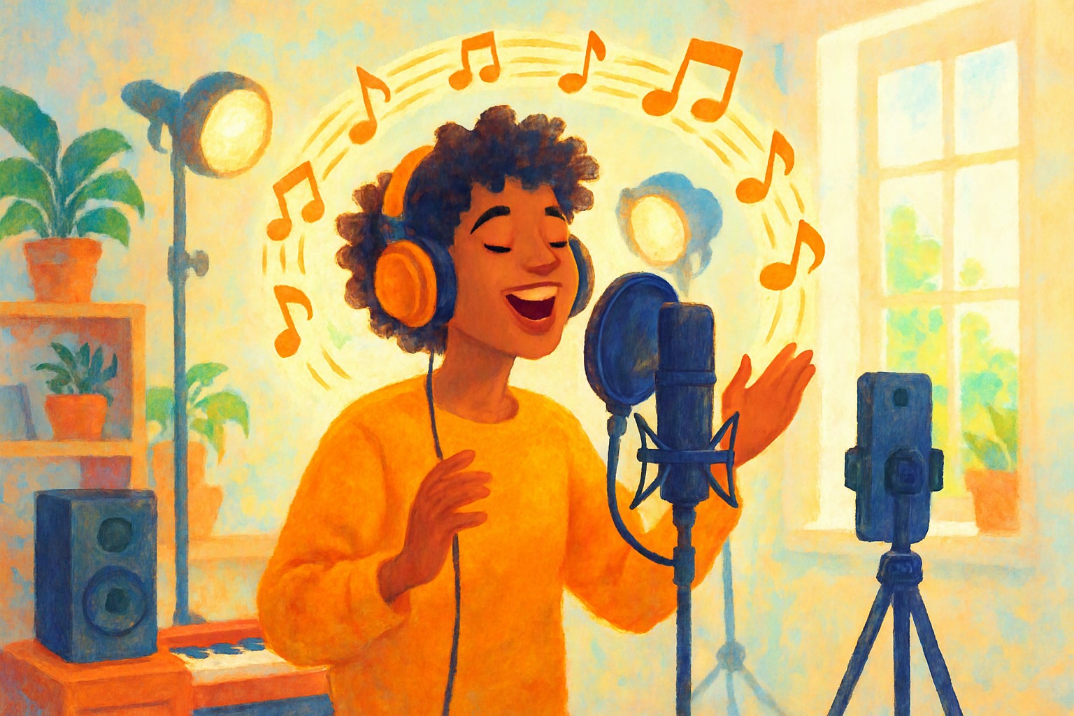 A singer in a cozy home studio facing a phone on a tripod, with soft stage lights and a ring of floating musical notes around them