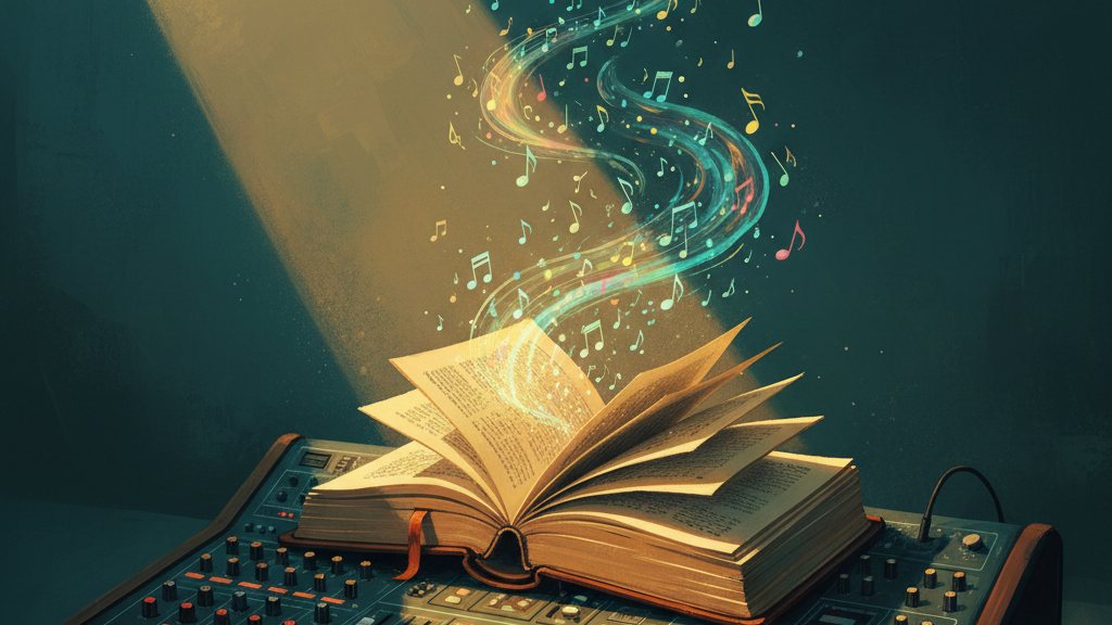 An open dictionary on a mixing console with light falling across the pages