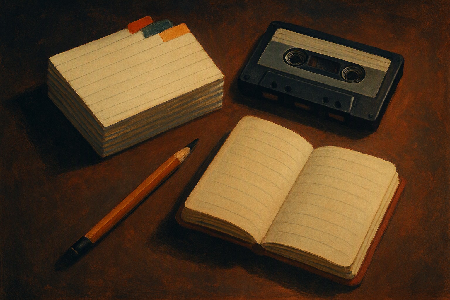 A neat stack of labeled index cards beside a cassette and a pencil, each card tagged with a colored tab